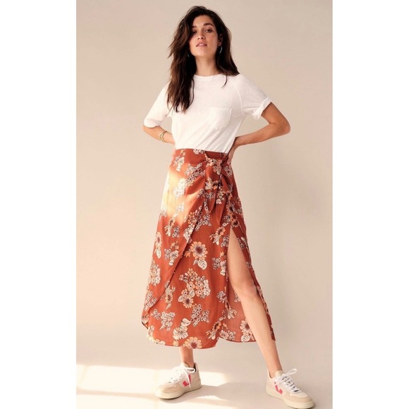 Free People Dresses & Skirts - Free People Sunray Sarong Floral Faux Wrap Midi Skirt Rust Orange Womens 2